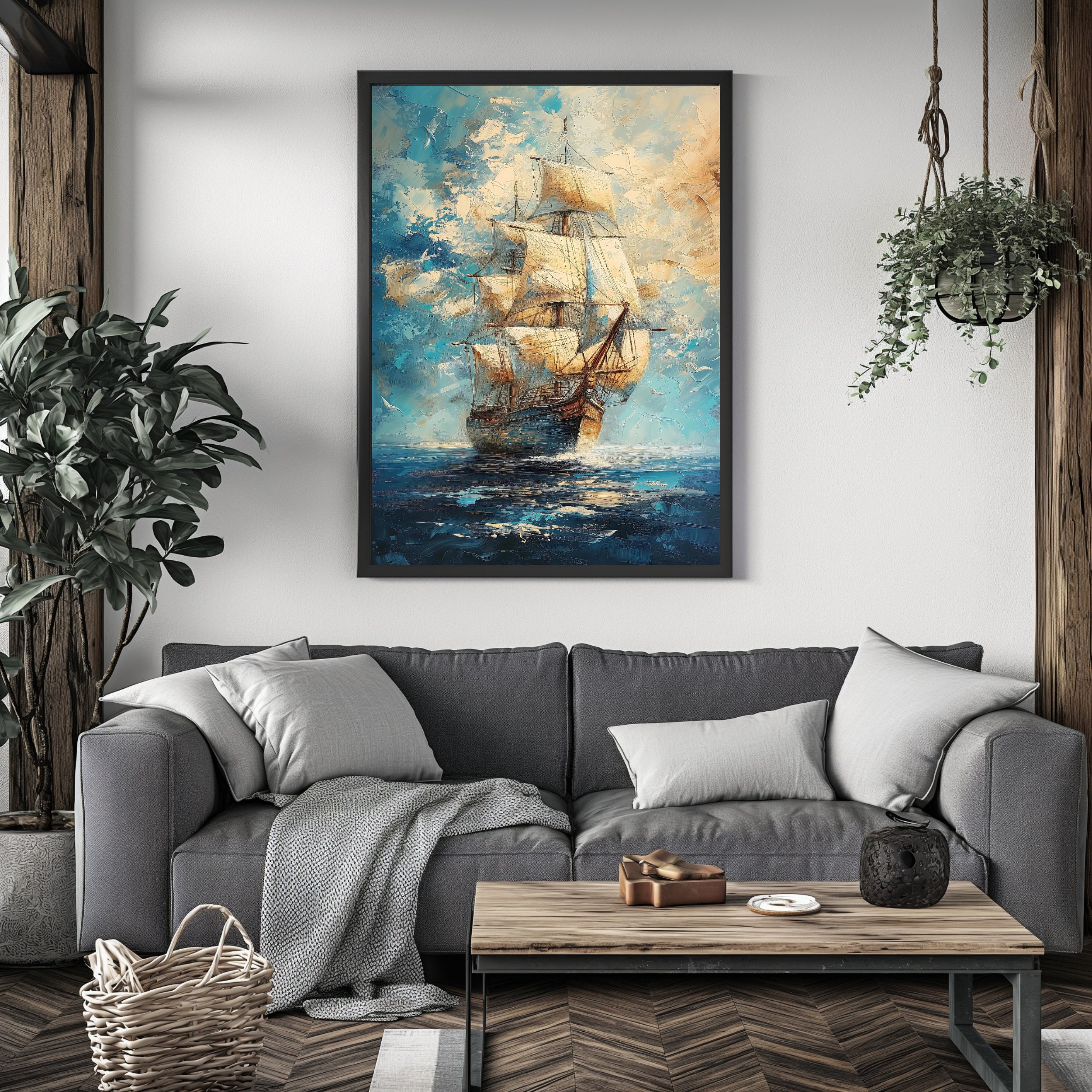 Vintage Sailing Ship in the Ocean Oil Painting, Nautical Wall Art, Printable Wall Art, Digital ...