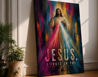 Divine Mercy Jesus Canvas Wall Art, Jesus I Trust in You Print, Catholic Christian Decor, Sacred Heart Religious Art, Prayer Room Wall Decor