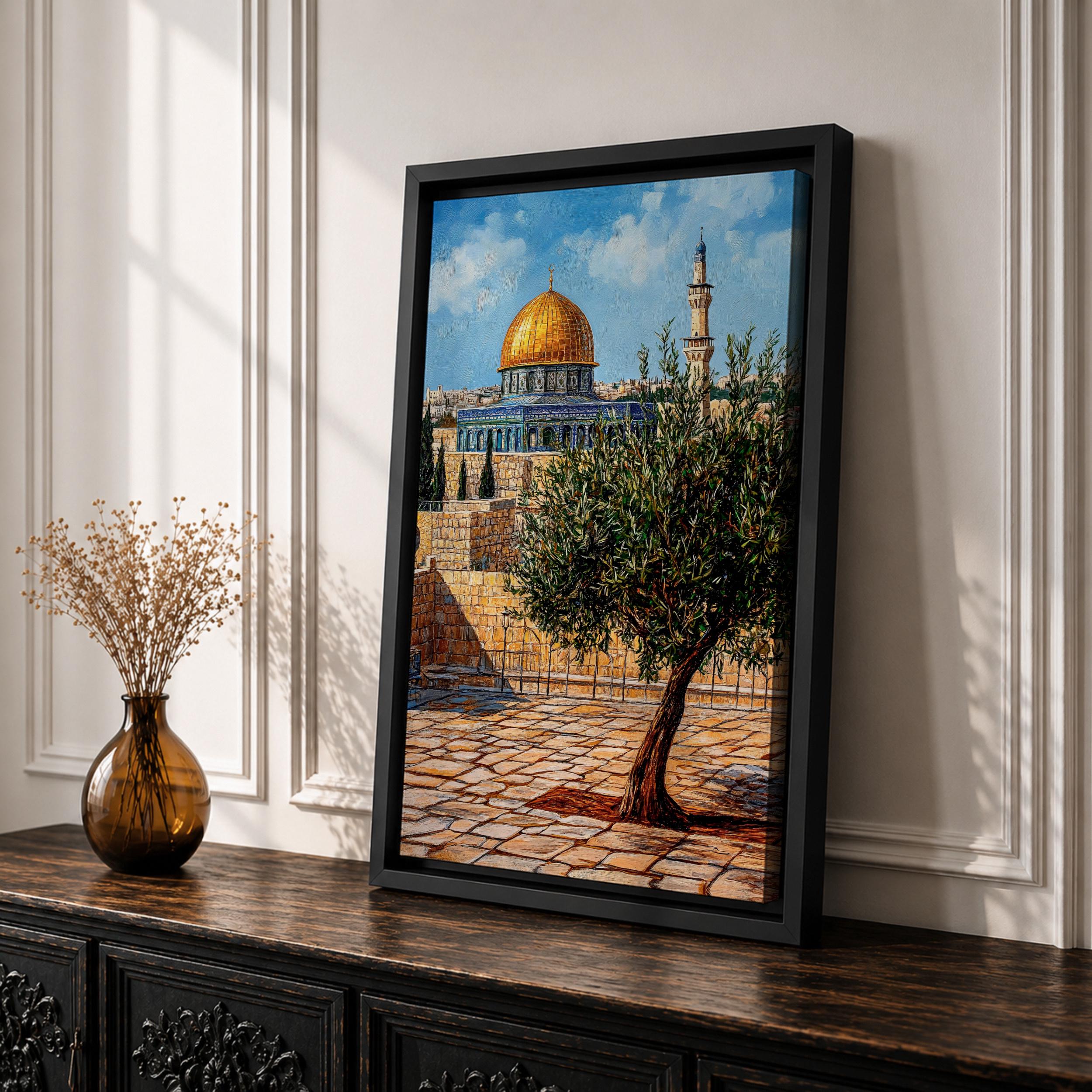 Masjid Al Aqsa Wall Art Olive Tree Framed Canvas Palestine Golden