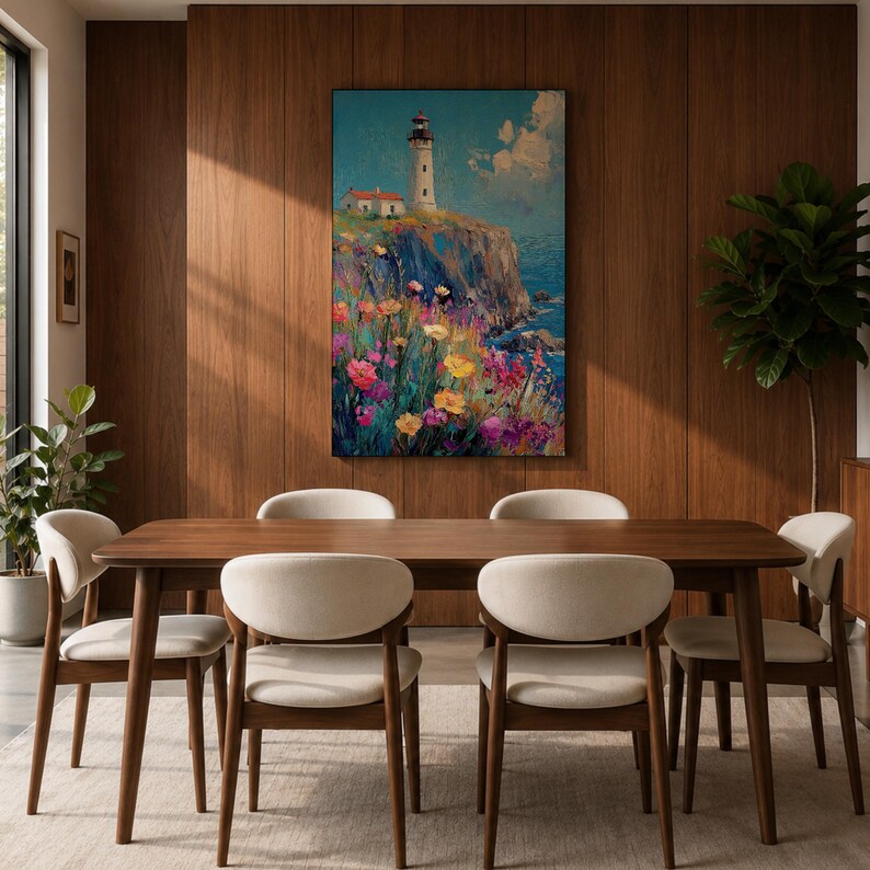 Lighthouse Wall Art, Coastal Wildflower Cliff Abstract Canvas Print, Living Room Decor image 5