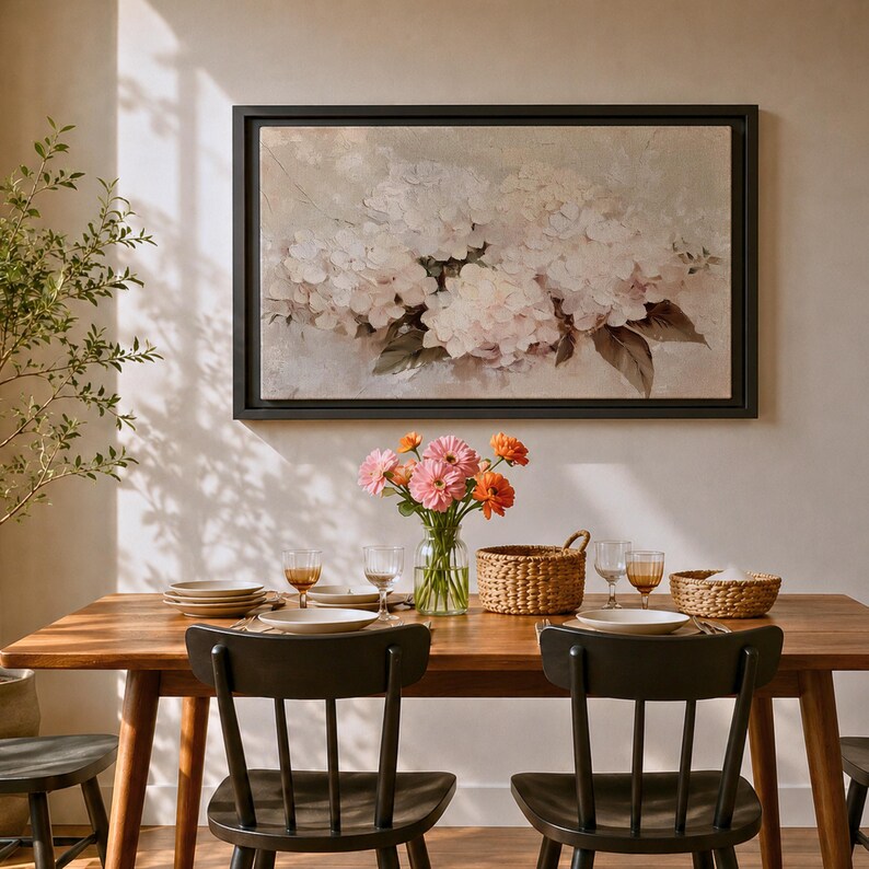 Hydrangea Wall Art Hortensia Framed Canvas Soft Bloom Botanical Vintage Floral Cottage Home Decor