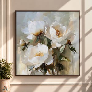 White Peony Canvas Print, Impasto Floral Oil Painting, Ivory Blossoms, Botanical Garden Wall Art