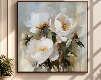 White Peony Canvas Print, Impasto Floral Oil Painting, Ivory Blossoms, Botanical Garden Wall Art