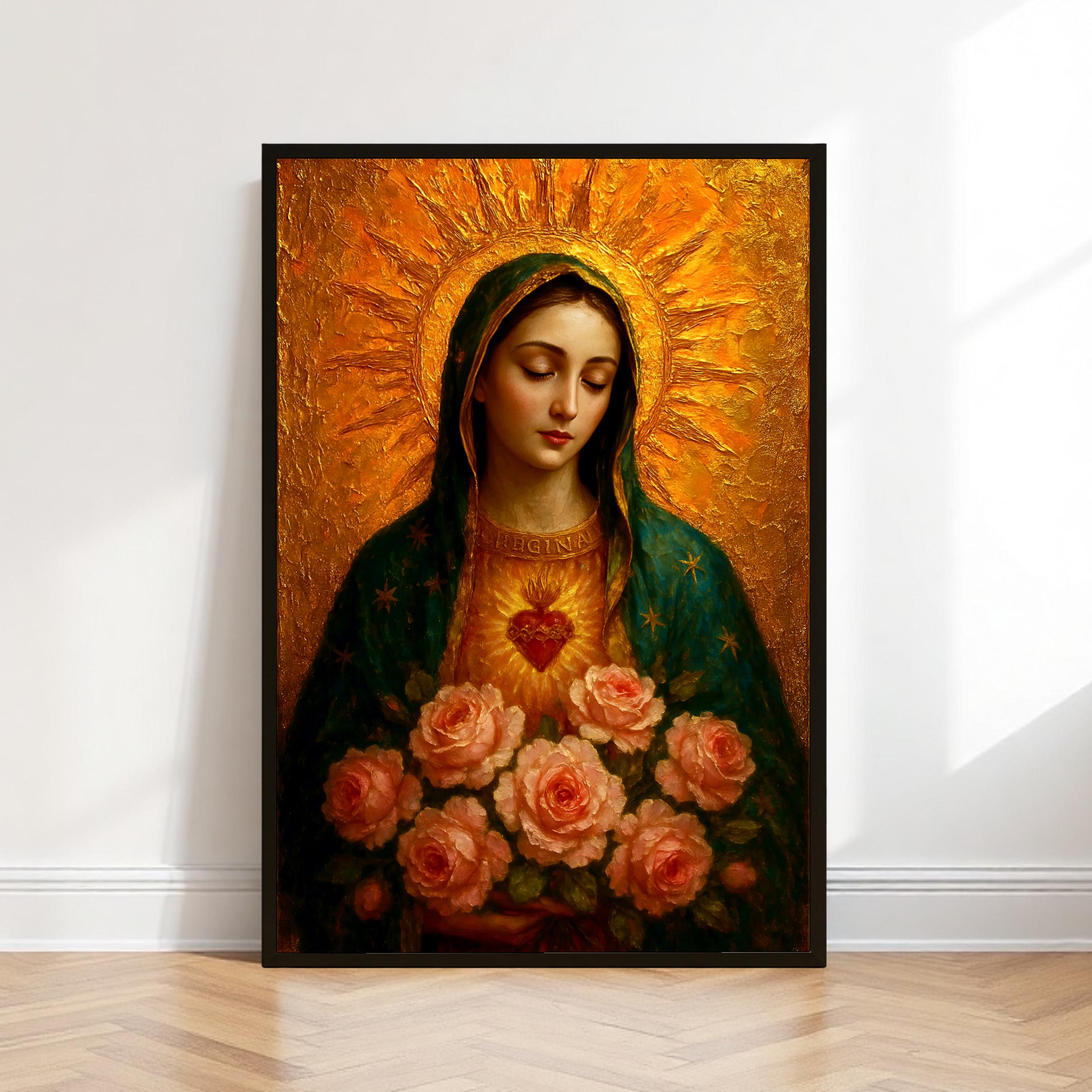 Immaculate Heart of Mary Art Print: Catholic Floral Marian Decor