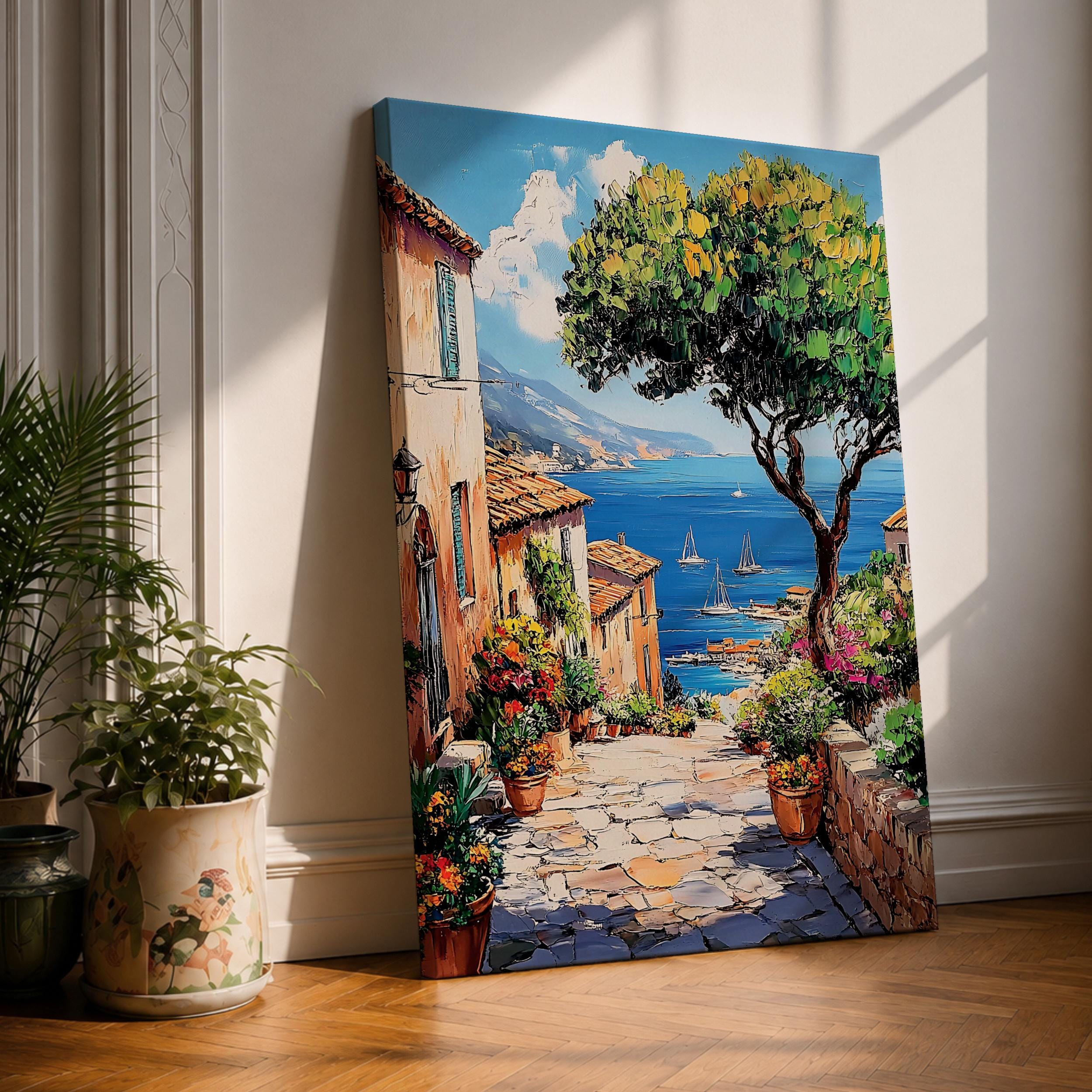 Coastal Village Wall Art Amalfi Coast Framed Canvas Mediterranean