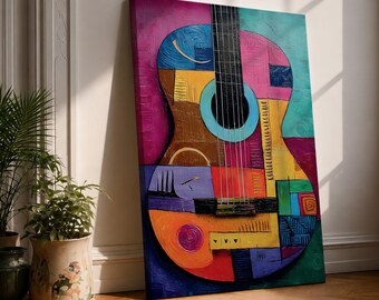 Acoustic Guitar Wall Art Abstract Music Framed Canvas Colorful Geometric Producer DJ Studio Decor
