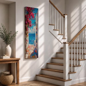 Santorini Long Narrow Vertical Wall Art Greek Island Village Gift Living Room Home Decor