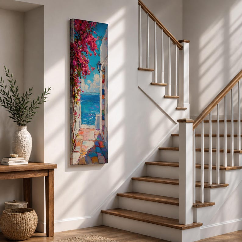 Santorini Long Narrow Vertical Wall Art Greek Island Village Gift Living Room Home Decor