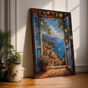 Amalfi Coast Window Canvas, Mediterranean Sea View Wall Art, Lemon Tree Coastal Landscape Painting