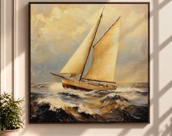 Vintage Sailboat Canvas Print, Impressionist Seascape Oil Painting, Neutral Nautical Coastal Ocean Wall Art