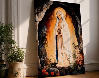 Our Lady of Lourdes Canvas Print, Catholic Wall Art, Blessed Virgin Mary Painting, Marian Devotion Decor