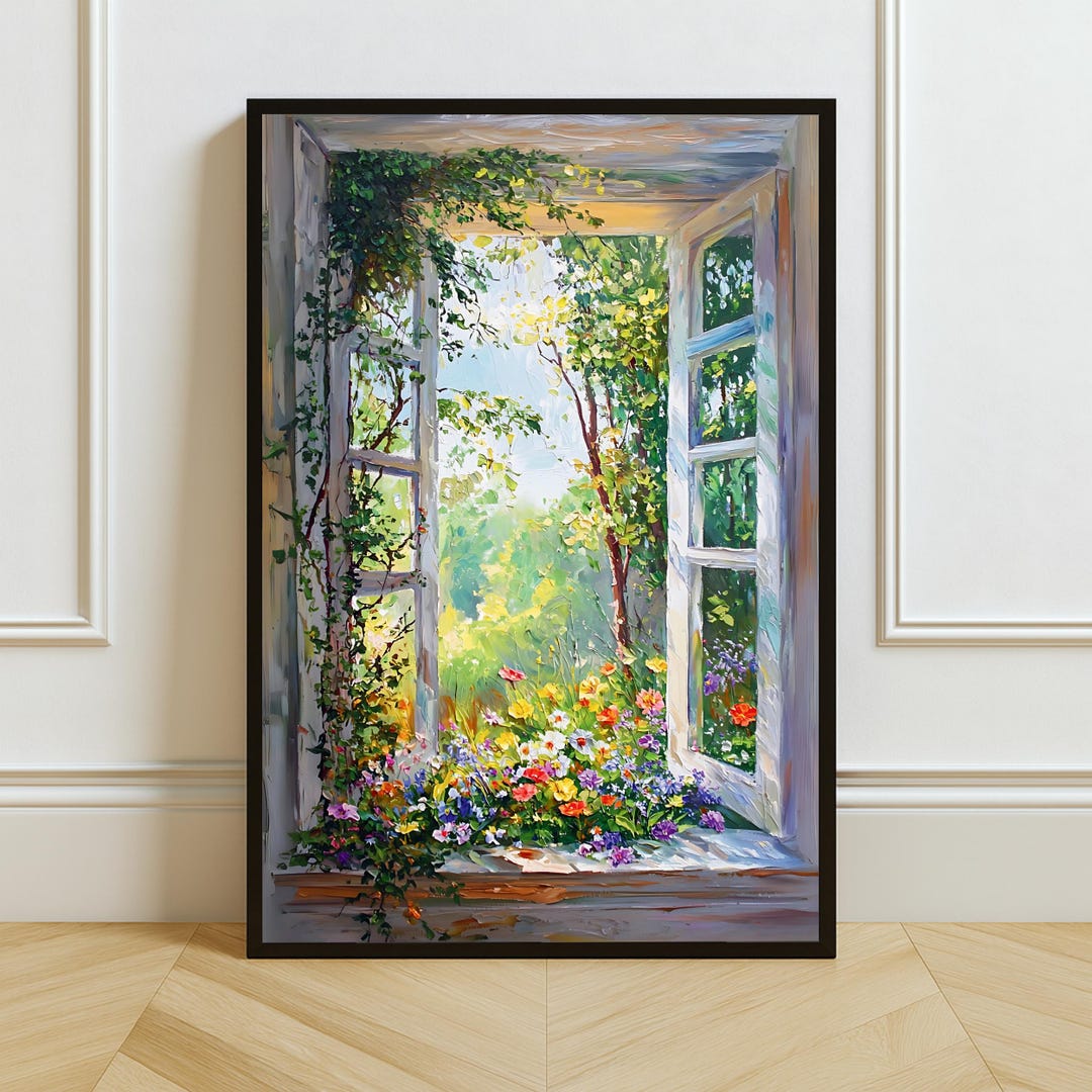 Garden Window Floral Impasto Painting Print: Cottagecore Botanical
