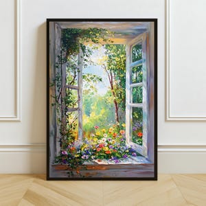 Garten Fenster Impasto Blumen Gemälde Druck: Cottagecore Botanische Dekoration (Digitaler Download)