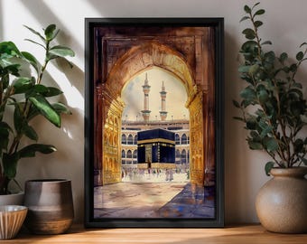 Kaaba Wall Art Archway View Framed Canvas Masjid Al Haram Mecca Watercolor Islamic Decor