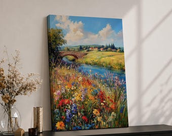 Countryside Landscape Wall Art Rustic River Framed Canvas Wildflower Meadow Cottagecore Home Decor