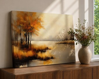 Autumn Landscape Wall Art Lakeside Framed Canvas Rustic Cabin Farmhouse Home Decor
