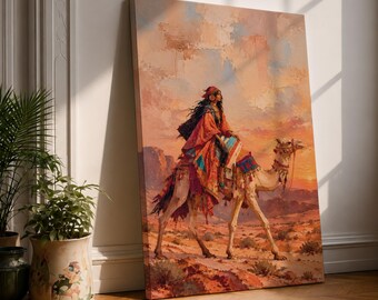 Arabian Camel Rider Canvas Print, Colorful Desert Woman, Sunset Landscape, Impressionist Boho Wall Art