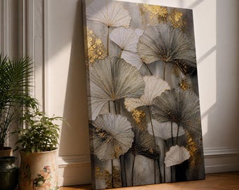 Ginkgo Leaf Canvas Wall Art, Gold Botanical Print, Neutral Floral Decor, Elegant Gray Wall Art, Modern Luxury Nature Artwork