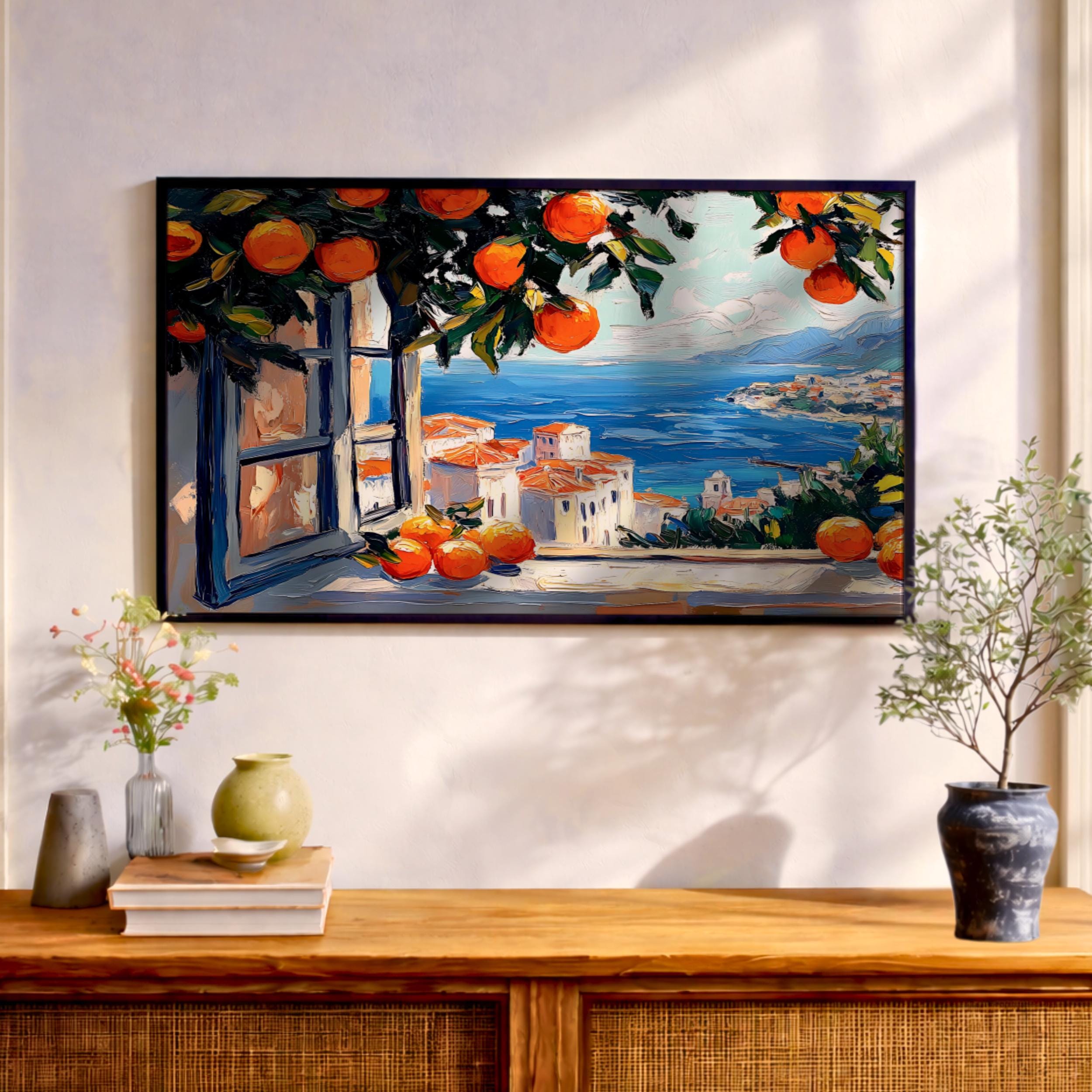 Amalfi Orange Wall Art Mediterranean Window Framed Canvas Citrus