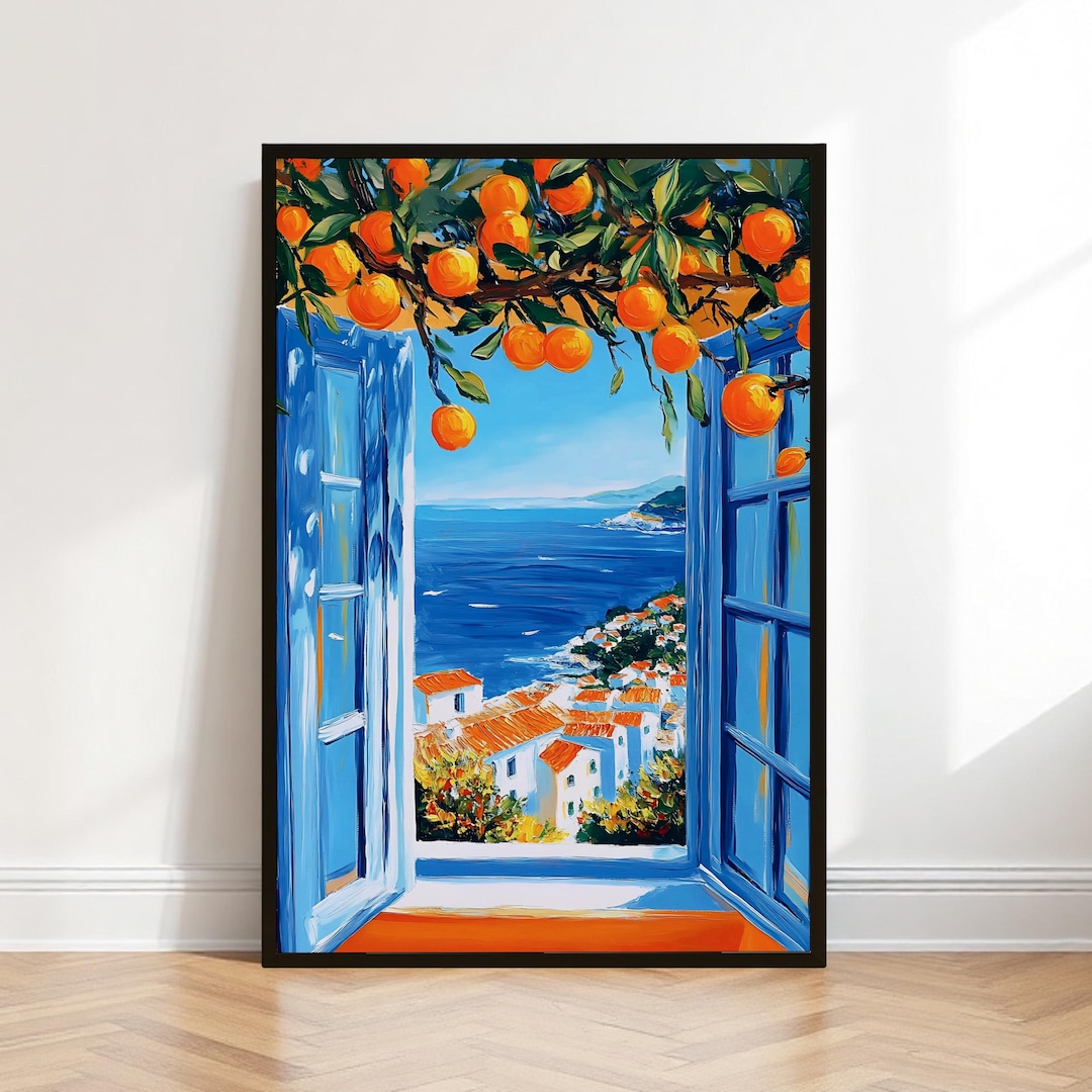 Orange Tree Window Wall Art: Mediterranean Coastal Summer Decor
