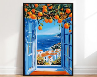 Orange Tree Window Wall Art: Mediterranean Coastal Summer Decor