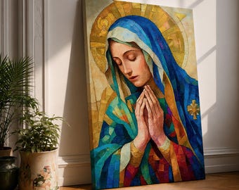 Blessed Virgin Mary Wall Art Prayer Portrait Framed Canvas Madonna Mosaic Catholic Home Decor