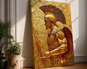 Greek Spartan Warrior Wall Art, Gold Relief Canvas Print, Ancient Mythology Home Decor