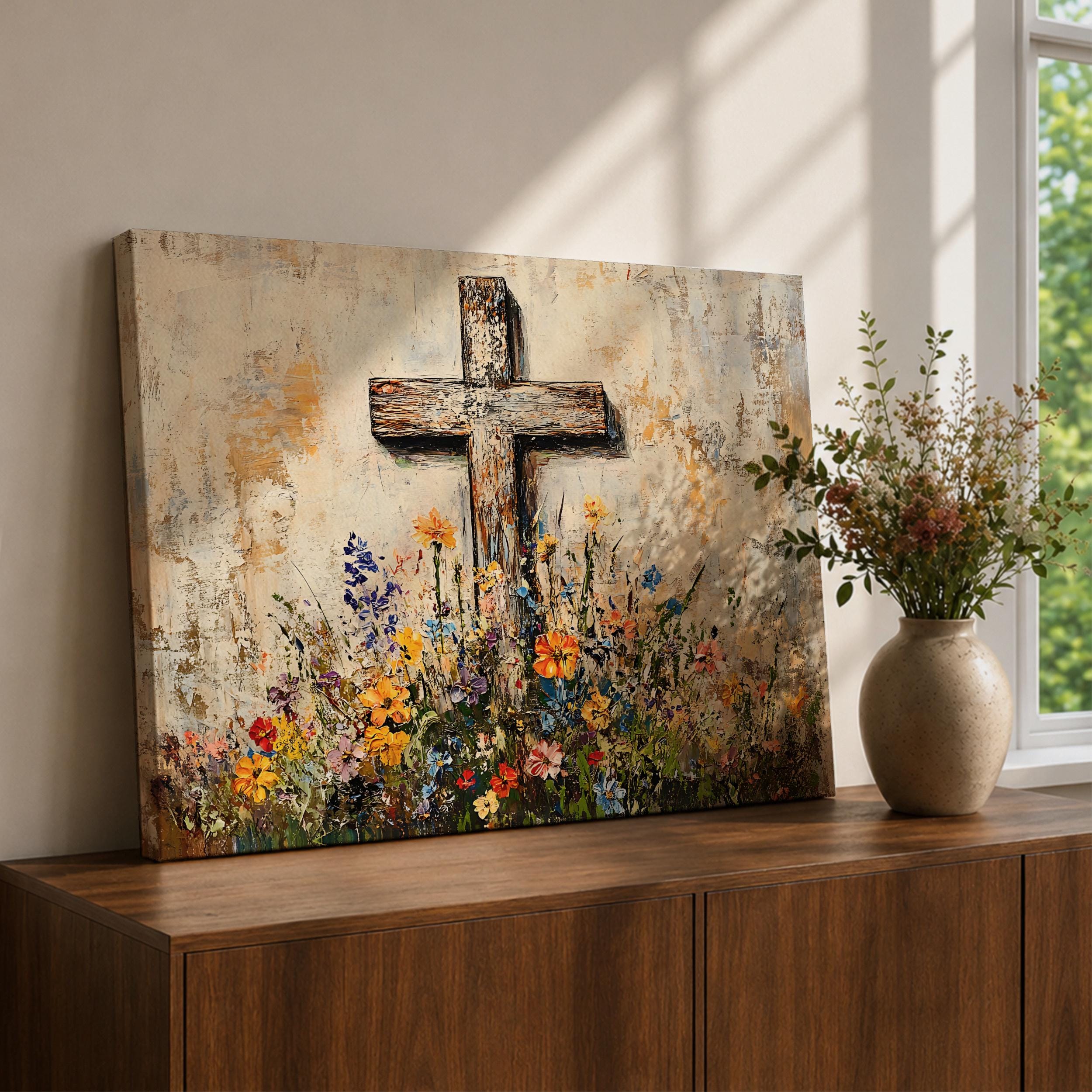 Cross Wall Art Wildflower Field Framed Canvas Rustic Christian