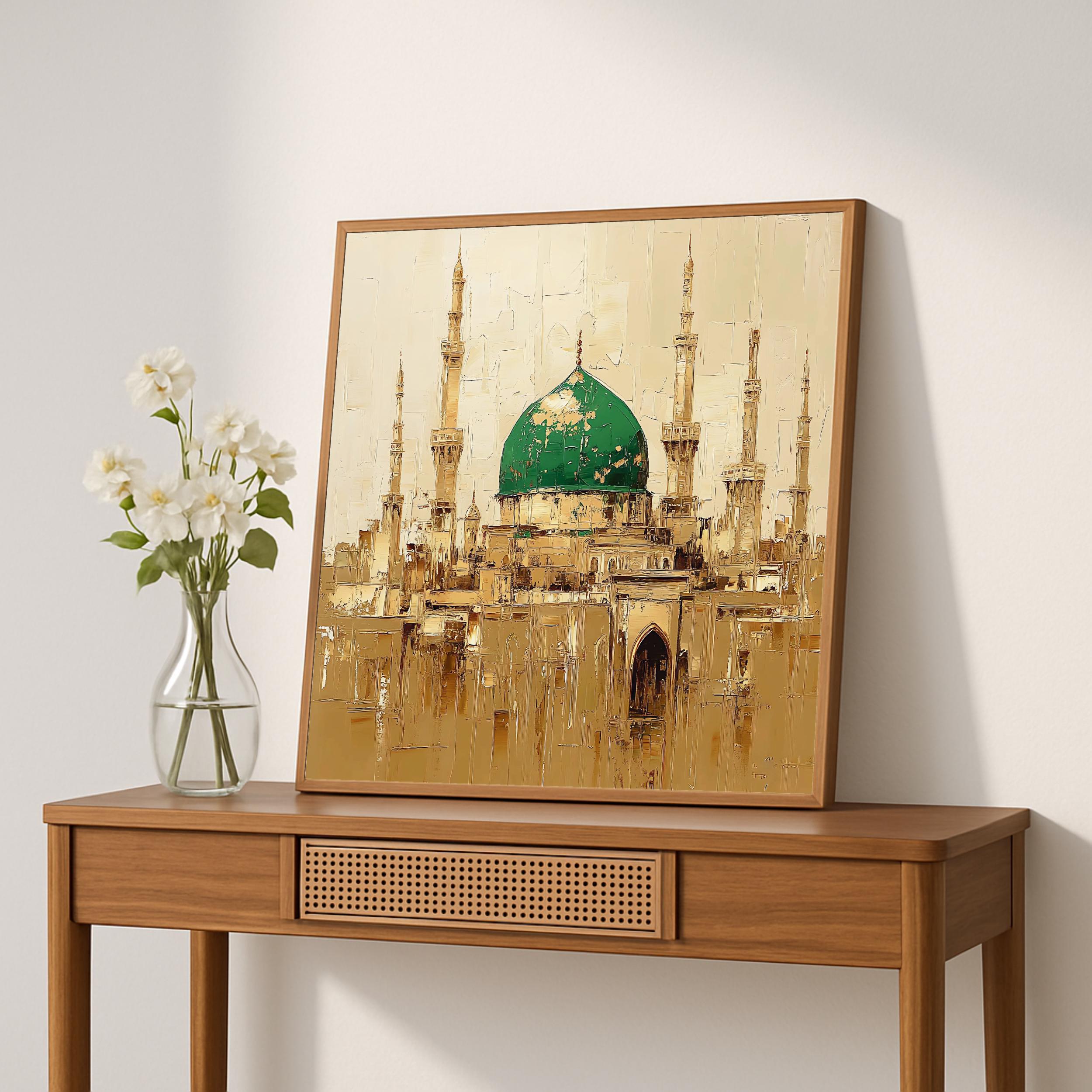 Masjid Al Nabawi Oil Painting: Islamic Medina Green Dome Art