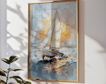 Sailboat Wall Art, Neutral Textured Impasto Canvas Print, Modern Coastal Living Room Decor