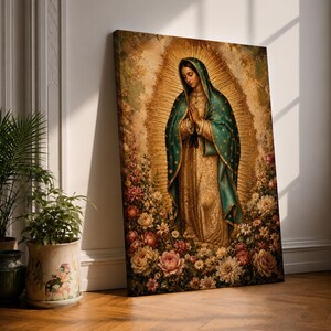 Lienzo con la imagen de Nuestra Señora de Guadalupe, arte religioso para pared, pintura mariana rústica, decoración cristiana.