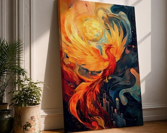 Phoenix Rising Wall Art, Fantasy Canvas Print, Fiery Bird Artwork, Modern Mythology Home Decor