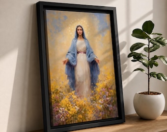 Virgin Mary Wall Art Flower Field Framed Canvas Madonna Catholic Christian Wall Decor
