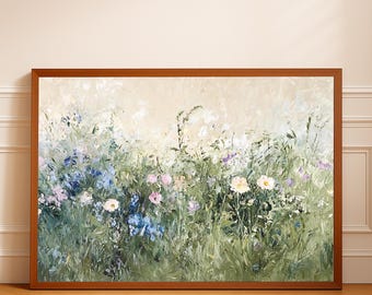 Wildblumen Wiese Landschaft Gemälde Kunstdruck: Vintage botanische Eleganz (digitaler Download)