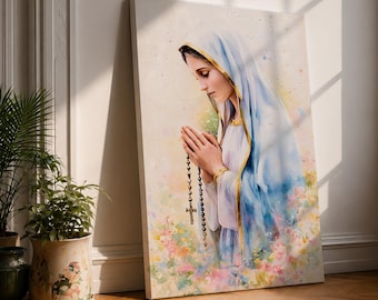 Virgin Mary Wall Art Madonna Prayer Framed Canvas Watercolor Soft Catholic Christian Religious Decor