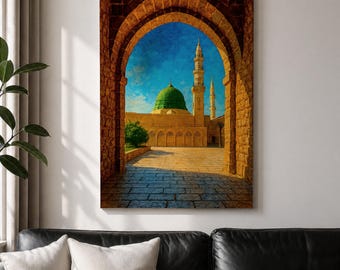Masjid Al Nabawi Wall Art Green Dome Framed Canvas Medina Mosque Islamic Architecture Decor