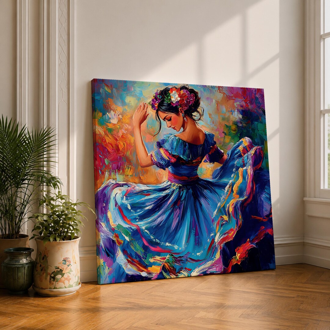エルテ　ERTE フラワードレス　シルクスクリーン 女性のダンス アート Mexican Folkloric Dancer Wall Art Ballet Folklórico Framed Canvas