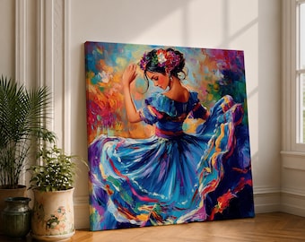 Mexican Folkloric Dancer Wall Art Ballet Folklórico Framed Canvas Cultural Fiesta Home Decor