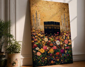 Kaaba Garden Wall Art, Floral Makkah Canvas, Masjid Al Haram, Luxury Gold Islamic Decor