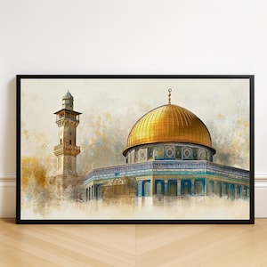 Dome of the Rock Watercolor Art Print: Golden Islamic Jerusalem Mosque (Digital Download)