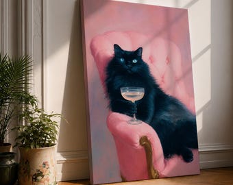 Black Cat Canvas Wall Art, Pink Chair Champagne Print, Funny Cat Portrait, Moody Maximalist Decor, Cat Lover Gift, Whimsical Animal Art
