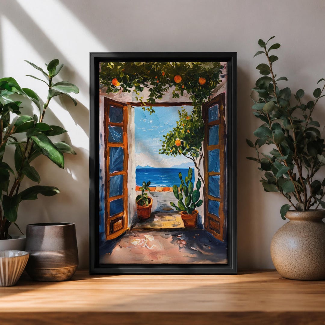 Mediterranean Window Wall Art Ocean View Framed Canvas Coastal Terrace ...