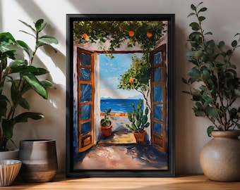 Mediterranean Window Wall Art Ocean View Framed Canvas Coastal Terrace Impasto Landscape Bedroom Decor
