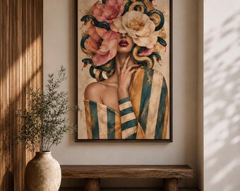 Medusa Canvas Print, Floral Snake Hair Portrait, Vintage Surrealist Painting, Greek Mythology Wall Art