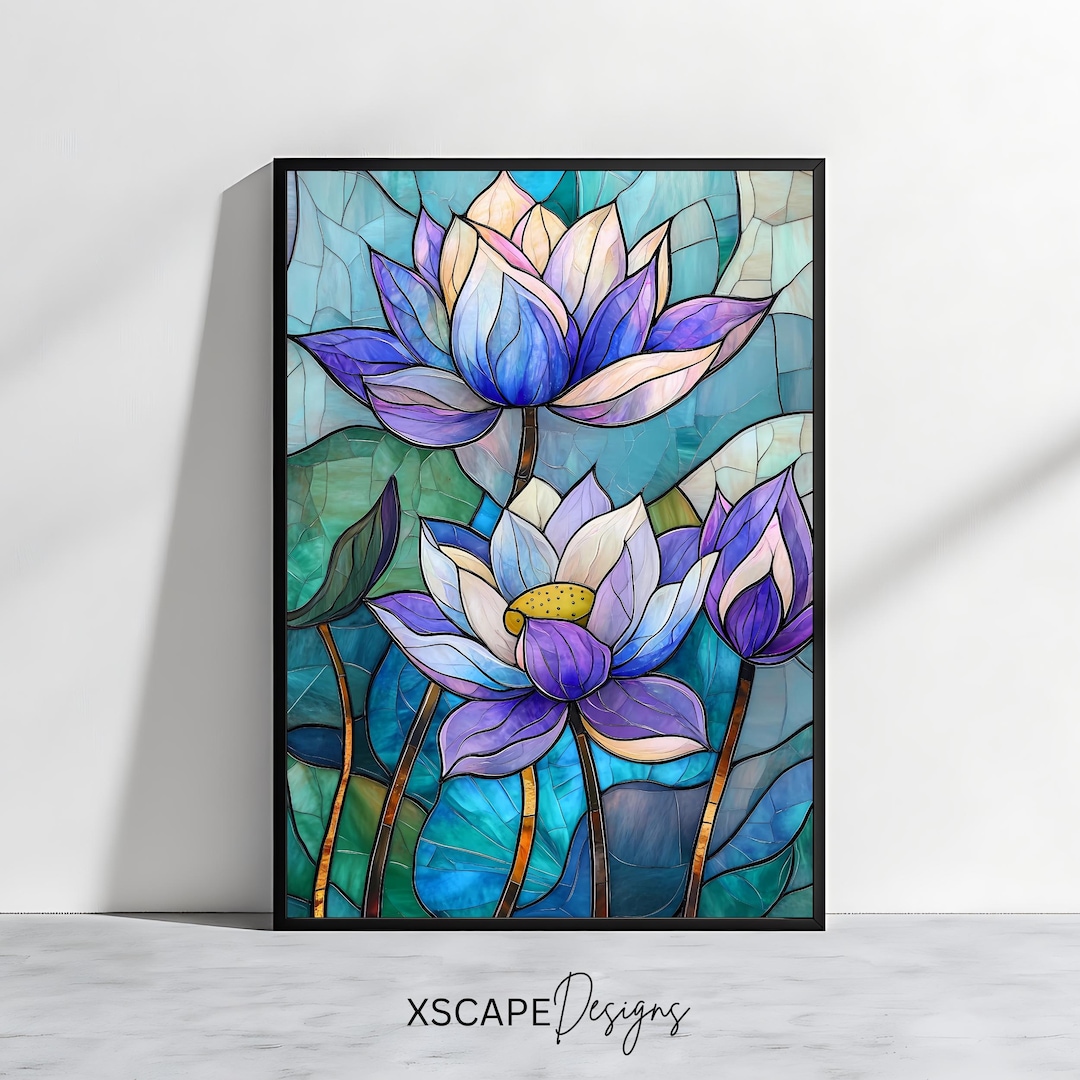 Lotus Flower Digital Art Print, Stained Glass Floral Wall Art, Zen ...