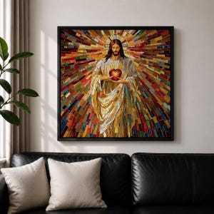 Sacred Heart of Jesus Wall Art Holy Redeemer Framed Canvas Mosaic Catholic Home Decor