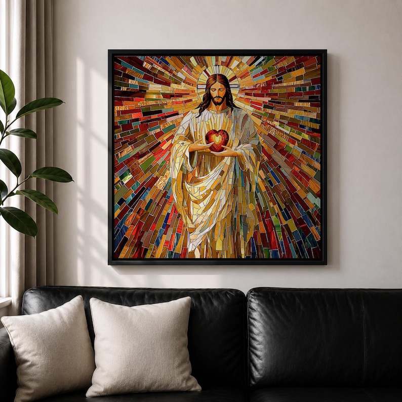 Sacred Heart of Jesus Wall Art Holy Redeemer Framed Canvas Mosaic Catholic Home Decor