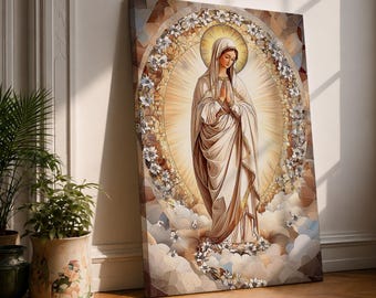 Virgin Mary Wall Art Floral Halo Framed Canvas Blessed Mother Mosaic Catholic Altar Decor