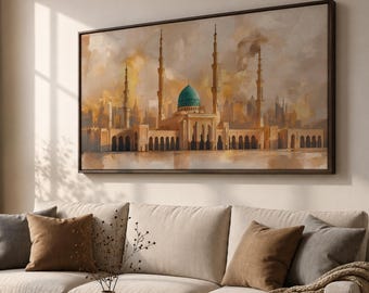 Masjid Nabawi Wall Art, Panoramic Mosque Canvas Print, Islamic Architecture Decor, Medina Green Dome Painting, Muslim Home Wall Art