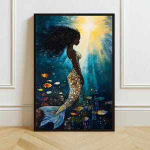 Schwarze Meerjungfrau Gemälde Druck: Afrocentric Ocean Fantasy Decor (Digitaler Download)